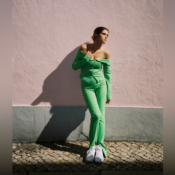 ZARA Green Apple Off Shoulder Blazer High Waist Front Slit Pants Matching SET XS - Picture 3 of 8
